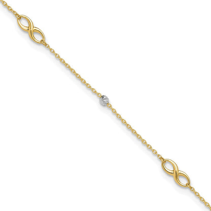14K Bicolor Diamantiert Perlen und Unendlichkeit 10 Zoll Plus 1 Zoll Verlängerung. Fußkettchen