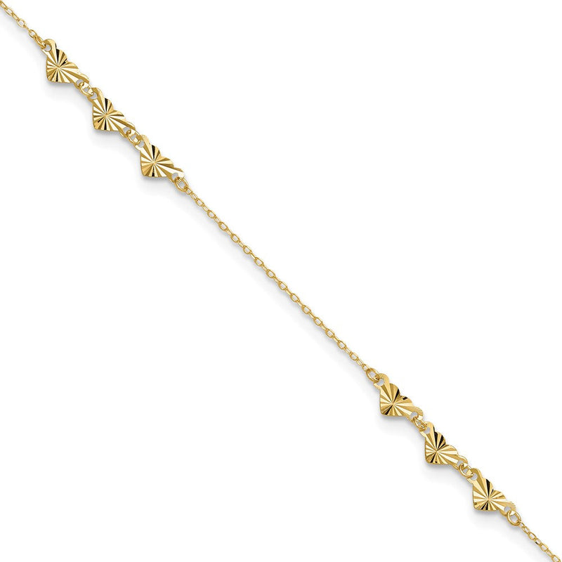 14K Gelbgold Diamantiert Herzen 9 Zoll Plus 1 Zoll Verlängerung Fußkettchen