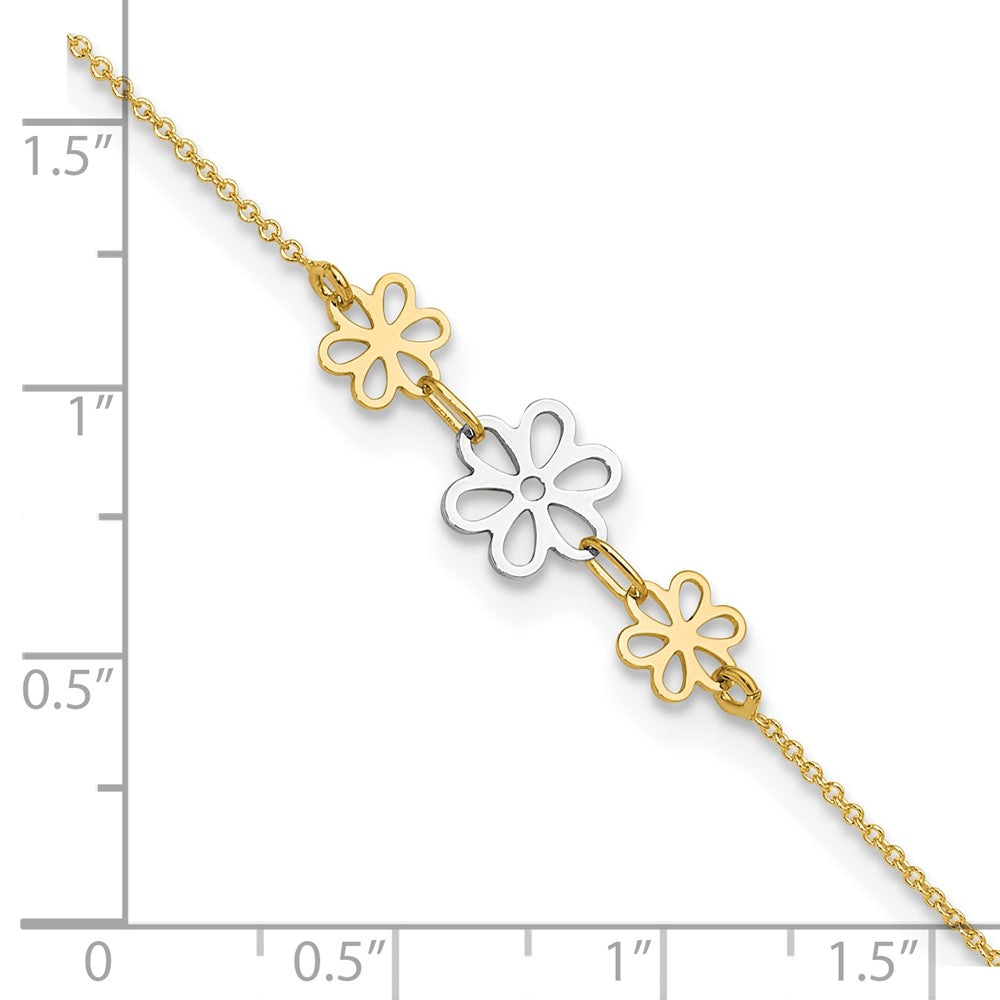 14K Bicolor Poliert Drei Blume 9 Zoll Plus 1 Zoll Verlängerung Fußkettchen