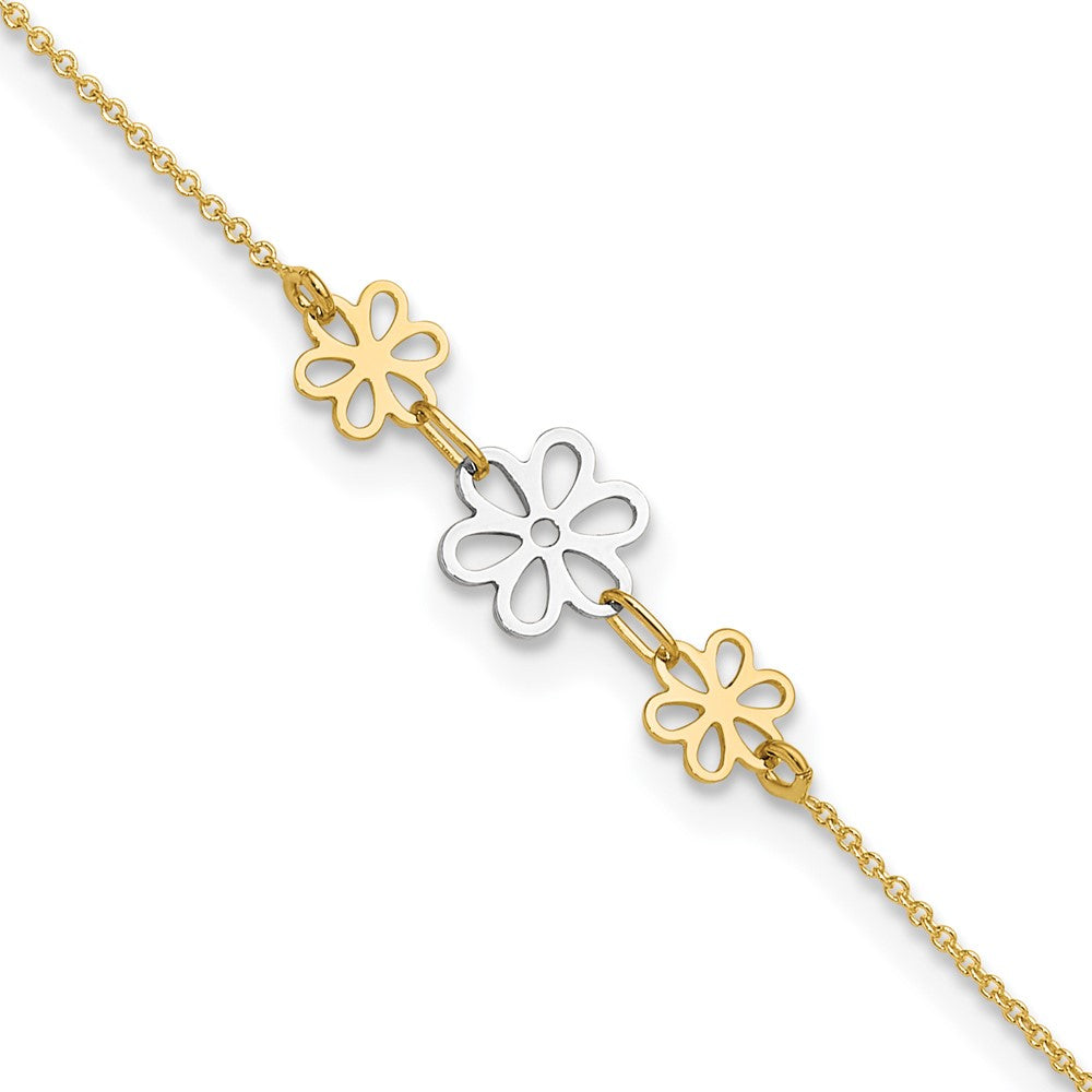 14K Bicolor Poliert Drei Blume 9 Zoll Plus 1 Zoll Verlängerung Fußkettchen