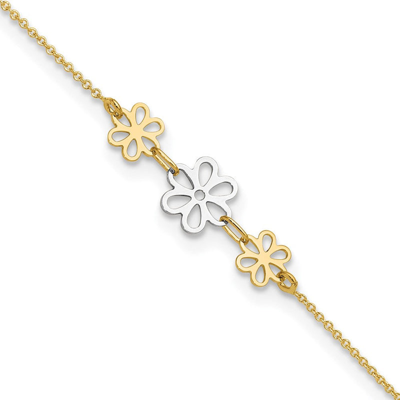 14K Bicolor Poliert Drei Blume 9 Zoll Plus 1 Zoll Verlängerung Fußkettchen