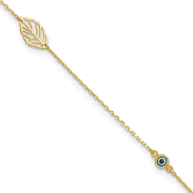 14K Gelbgold Blatt und Glas Auge Perle 9 Zoll Plus 1 Zoll Verlängerung Fußkettchen