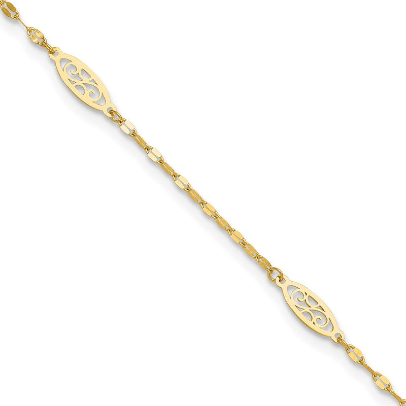 14K Gelbgold Poliert Fantasie Filigran Glieder 9 Zoll Plus 1 in Verlängerung. Fußkettchen