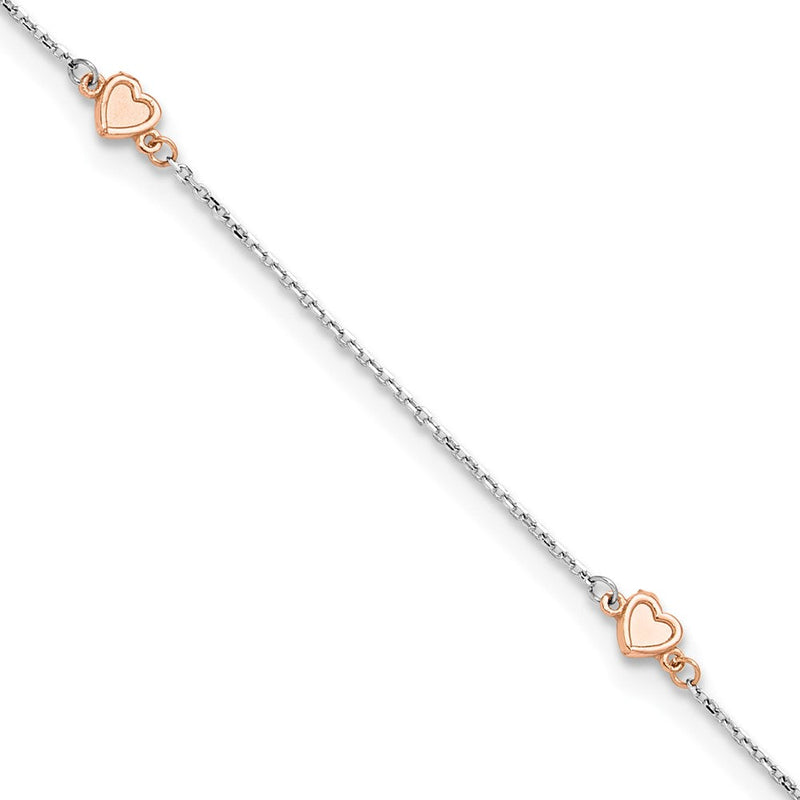 14K Weiß/ Roségold Bicolor Weiß und Rose Satiniert Herzen 9 Zoll Plus 1 Zoll Verlängerung. Fußkettchen