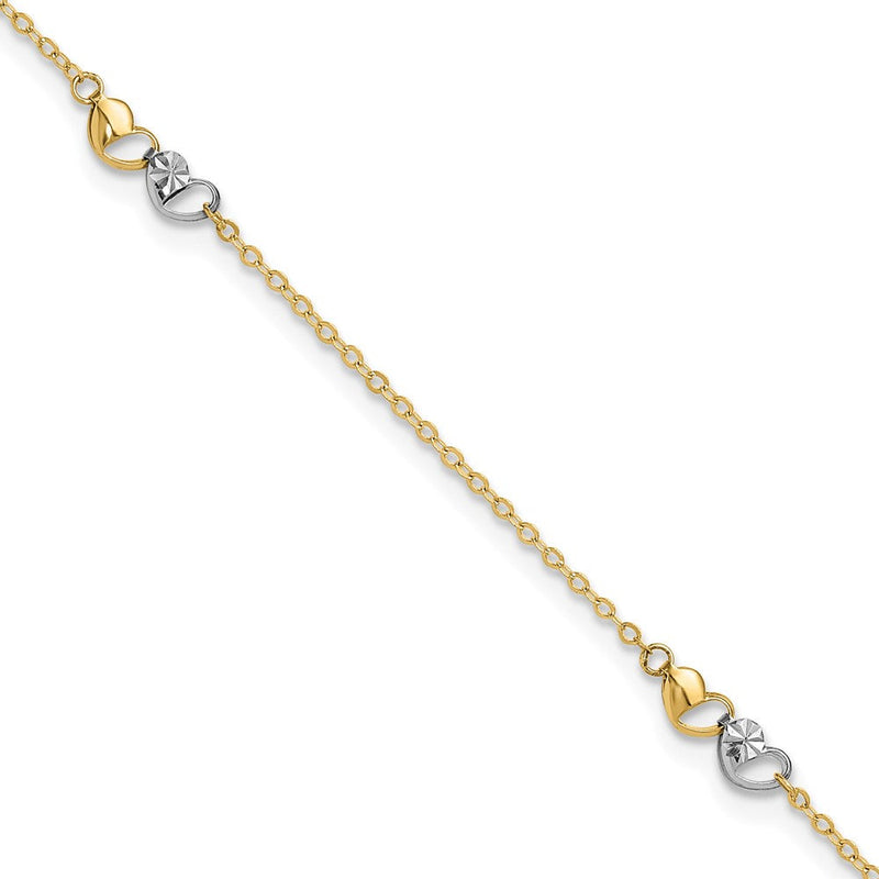 14K Bicolor Poliert und Diamantiert Herzen 9 Zoll Plus 1 Zoll Verlängerung. Fußkettchen