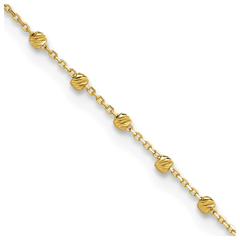 14K Gelbgold Poliert Diamantiert Gekugelt 9 Zoll Plus.75 Zoll Verlängerung. Fußkettchen