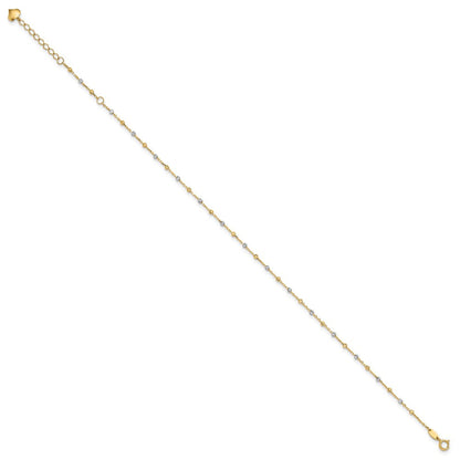 14K Bicolor Poliert und Diamantiert Perlen 10 Zoll Plus 1 Zoll Verlängerung. Fußkettchen
