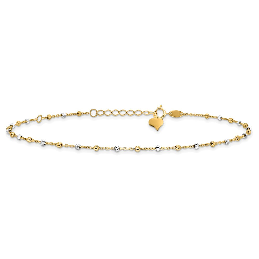 14K Bicolor Poliert und Diamantiert Perlen 10 Zoll Plus 1 Zoll Verlängerung. Fußkettchen