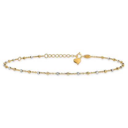 14K Bicolor Poliert und Diamantiert Perlen 10 Zoll Plus 1 Zoll Verlängerung. Fußkettchen