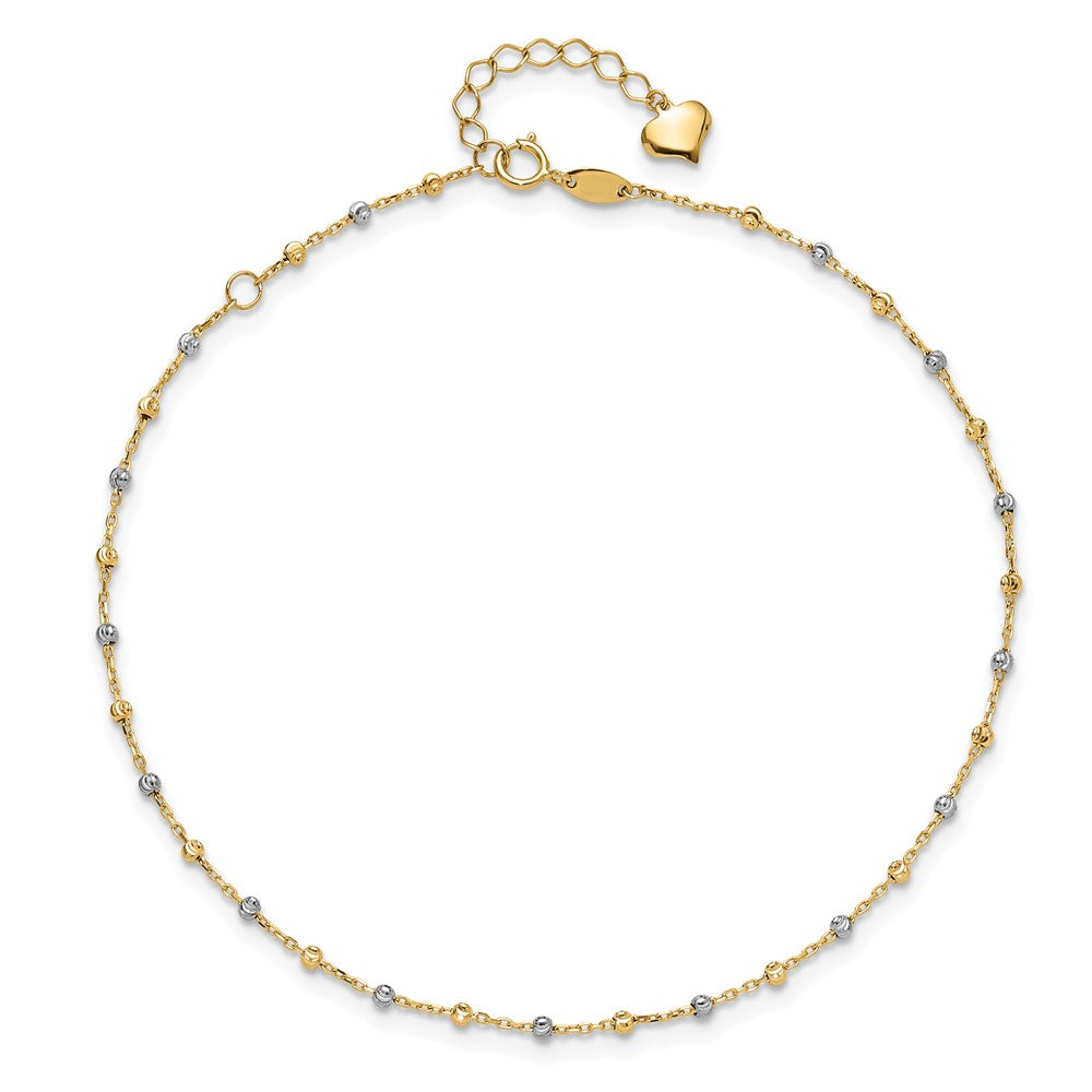 14K Bicolor Poliert und Diamantiert Perlen 10 Zoll Plus 1 Zoll Verlängerung. Fußkettchen