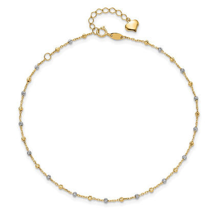 14K Bicolor Poliert und Diamantiert Perlen 10 Zoll Plus 1 Zoll Verlängerung. Fußkettchen