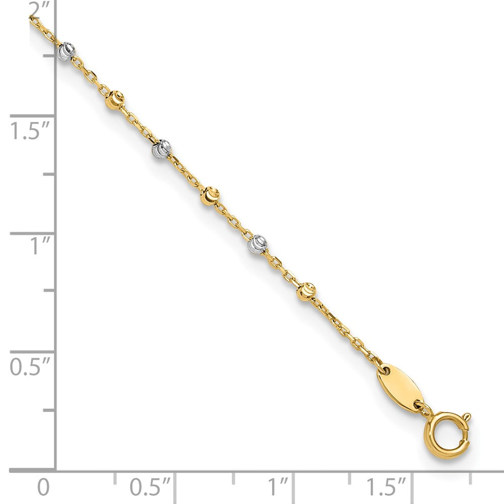 14K Bicolor Poliert und Diamantiert Perlen 10 Zoll Plus 1 Zoll Verlängerung. Fußkettchen