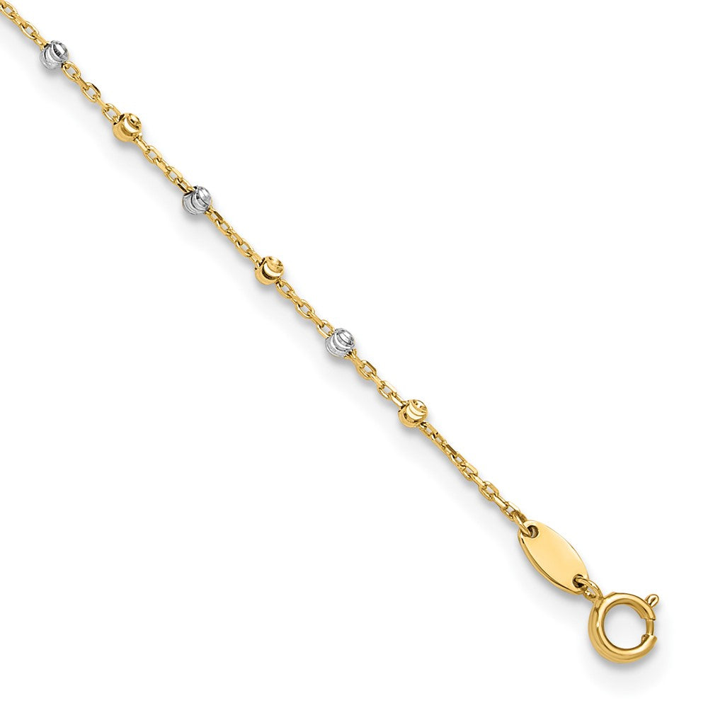 14K Bicolor Poliert und Diamantiert Perlen 10 Zoll Plus 1 Zoll Verlängerung. Fußkettchen