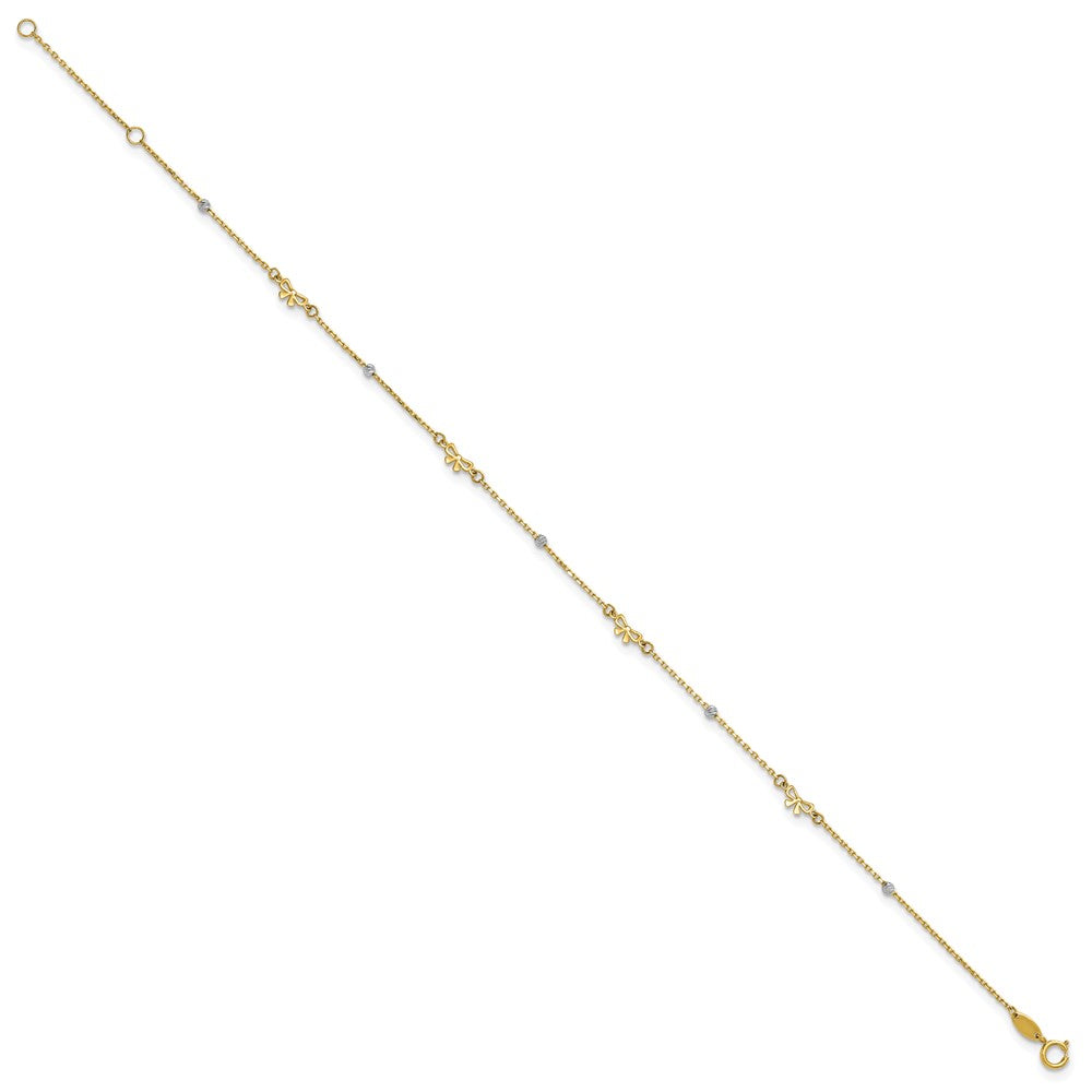 14K Bicolor Poliert 9 Zoll Plus 1 Zoll Verlängerung. Diamantiert Perle und Bows Fußkettchen
