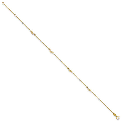 14K Bicolor Poliert 9 Zoll Plus 1 Zoll Verlängerung. Diamantiert Perle und Bows Fußkettchen