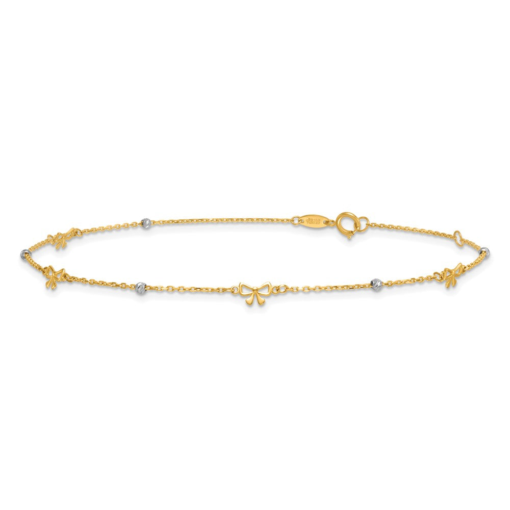 14K Bicolor Poliert 9 Zoll Plus 1 Zoll Verlängerung. Diamantiert Perle und Bows Fußkettchen