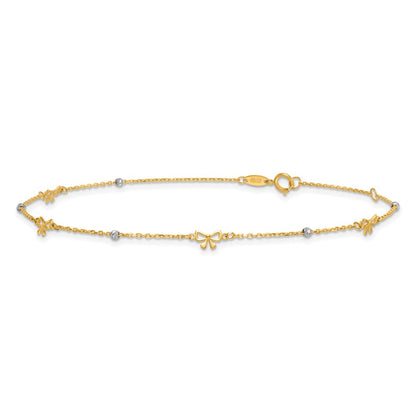 14K Bicolor Poliert 9 Zoll Plus 1 Zoll Verlängerung. Diamantiert Perle und Bows Fußkettchen