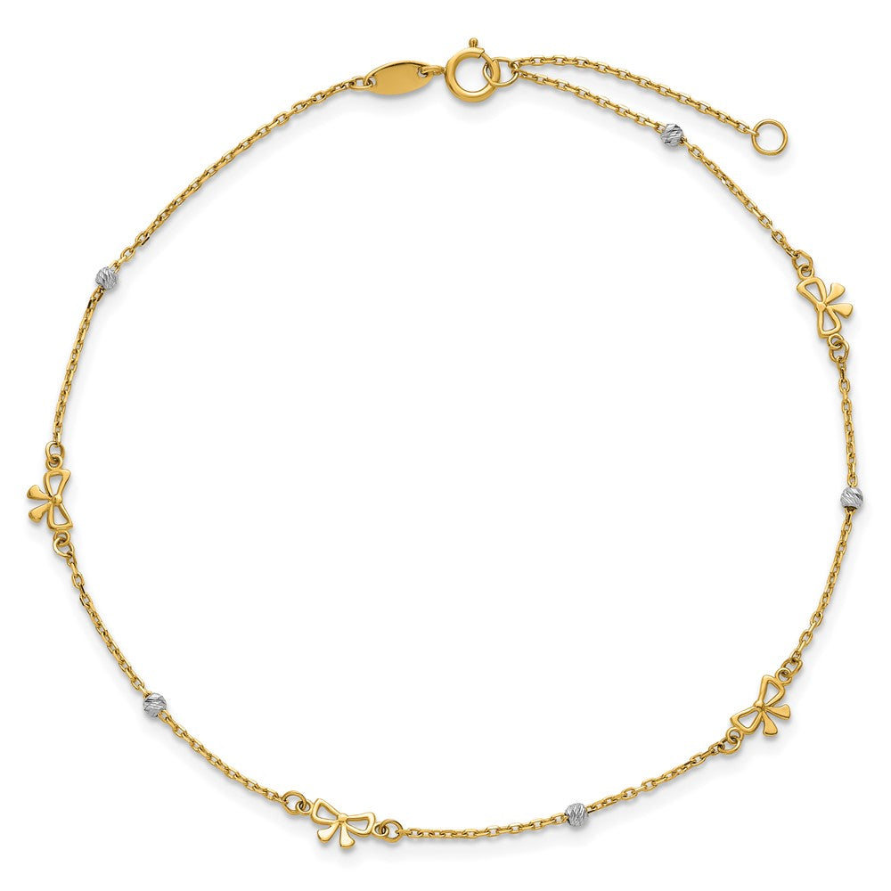 14K Bicolor Poliert 9 Zoll Plus 1 Zoll Verlängerung. Diamantiert Perle und Bows Fußkettchen