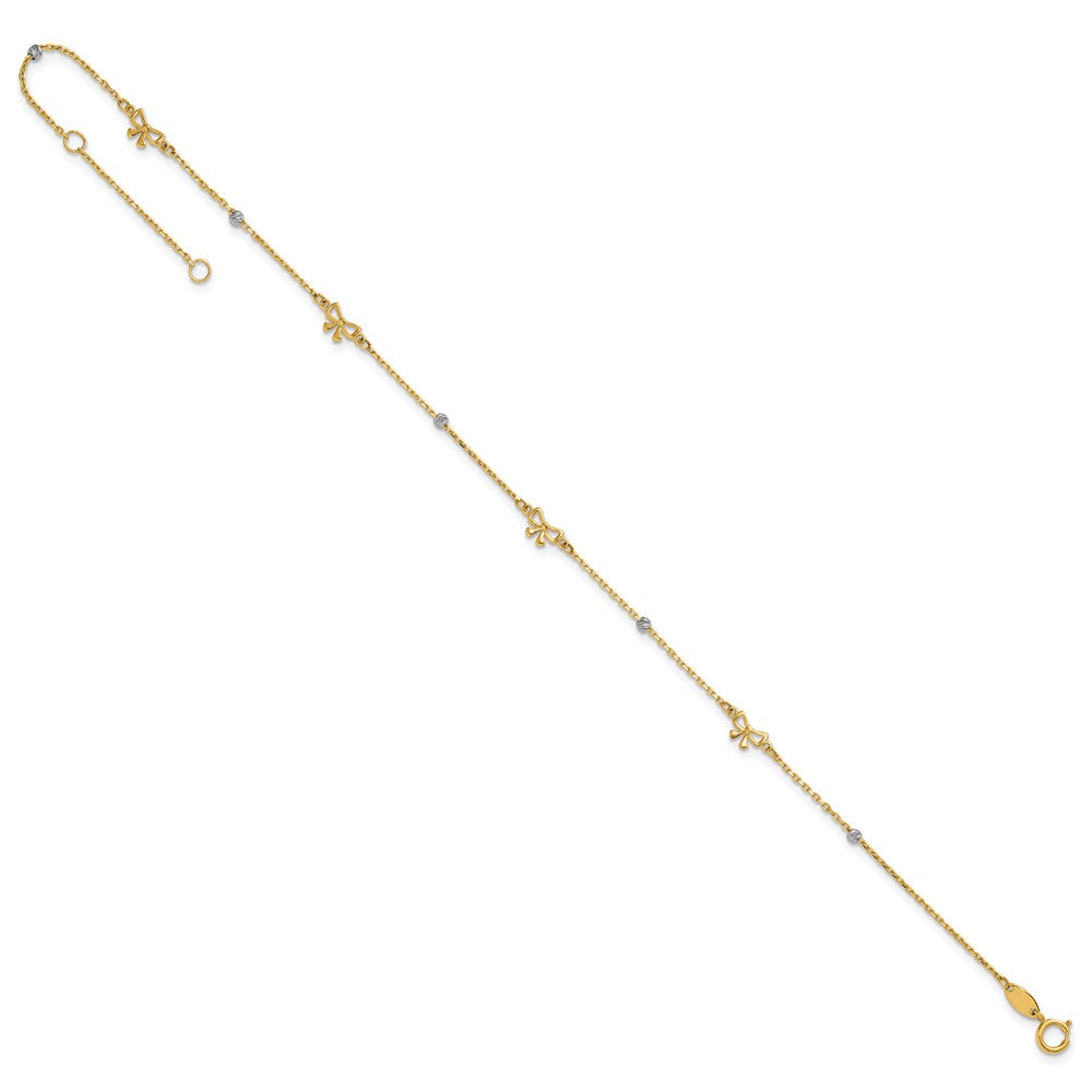 14K Bicolor Poliert 9 Zoll Plus 1 Zoll Verlängerung. Diamantiert Perle und Bows Fußkettchen