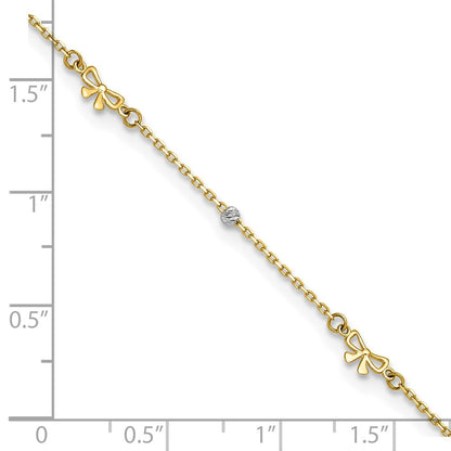 14K Bicolor Poliert 9 Zoll Plus 1 Zoll Verlängerung. Diamantiert Perle und Bows Fußkettchen