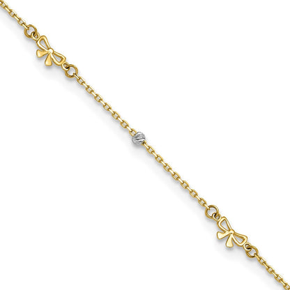 14K Bicolor Poliert 9 Zoll Plus 1 Zoll Verlängerung. Diamantiert Perle und Bows Fußkettchen