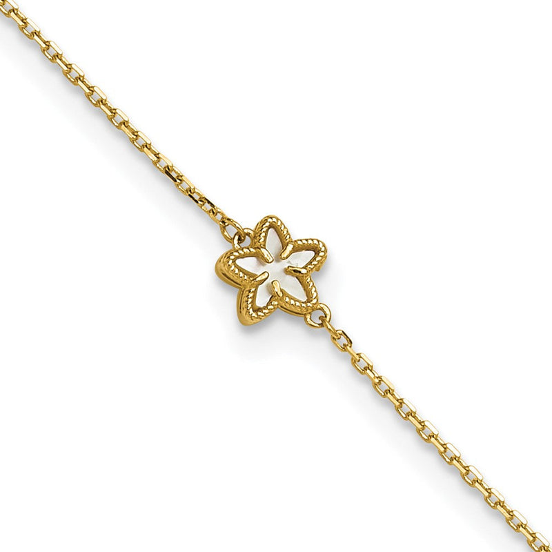 14K Gelbgold Poliert Perlmutt Blume 9 Zoll Plus 1 Zoll Verlängerung. Fußkettchen