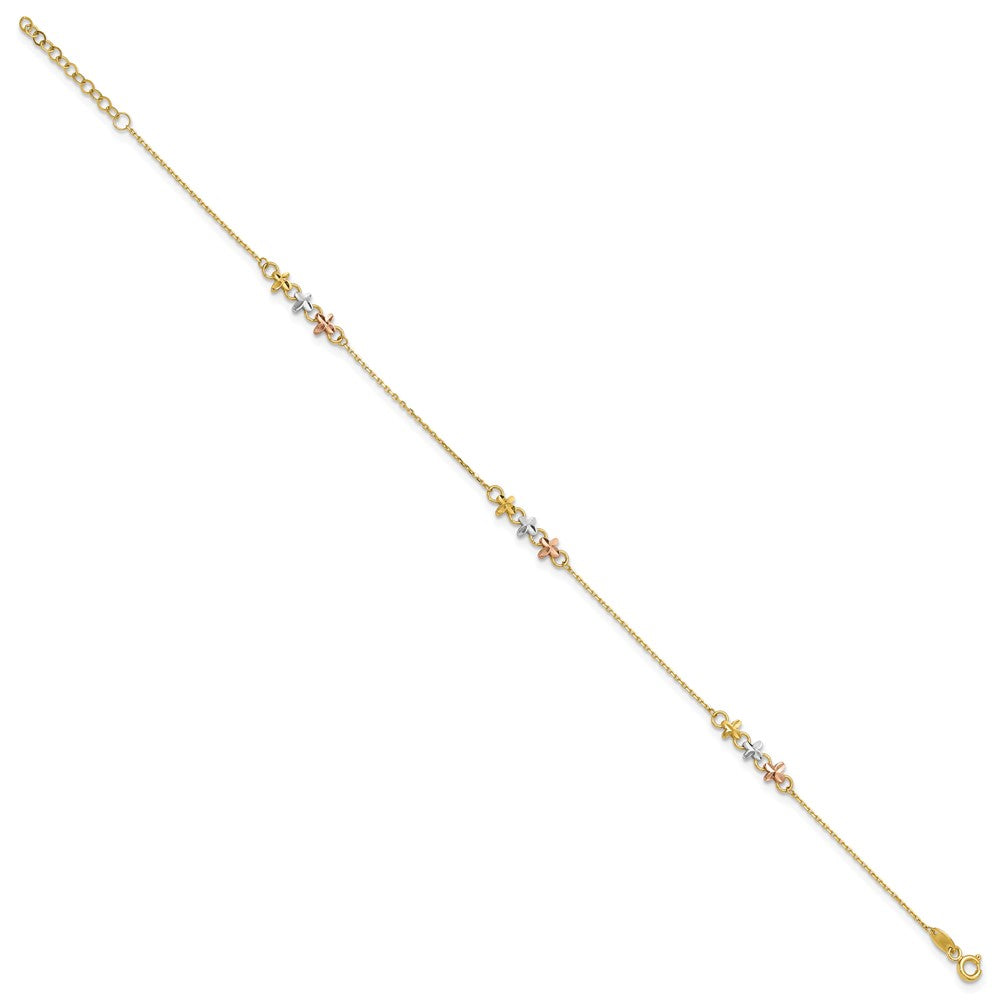 14K Bicolor mit Weiß Rhod Blumen 9 Zoll Plus 1 Zoll Verlängerung Fußkettchen