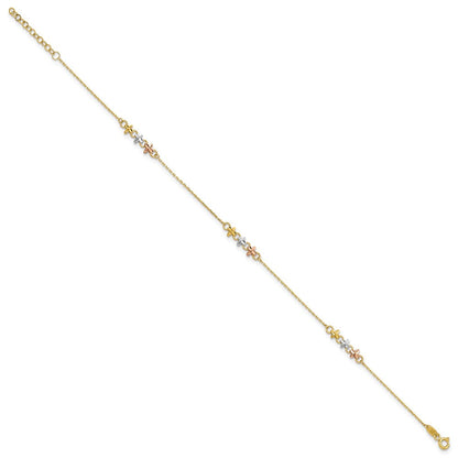 14K Bicolor mit Weiß Rhod Blumen 9 Zoll Plus 1 Zoll Verlängerung Fußkettchen