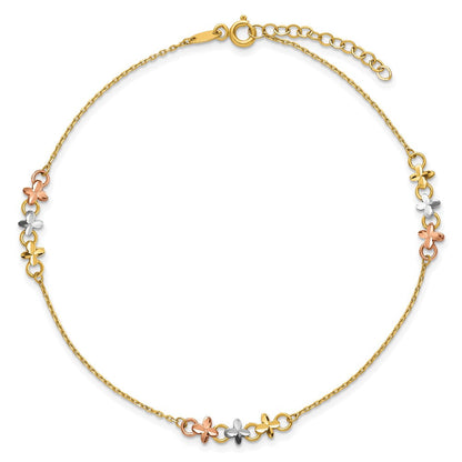 14K Bicolor mit Weiß Rhod Blumen 9 Zoll Plus 1 Zoll Verlängerung Fußkettchen