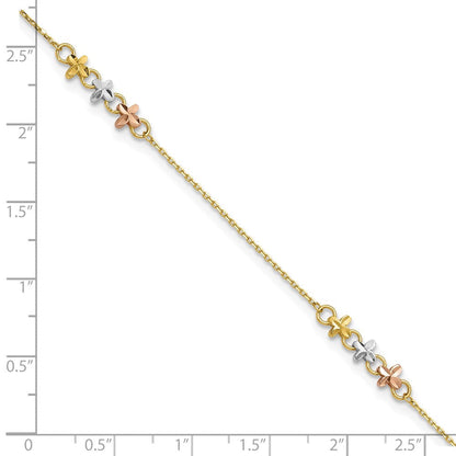 14K Bicolor mit Weiß Rhod Blumen 9 Zoll Plus 1 Zoll Verlängerung Fußkettchen