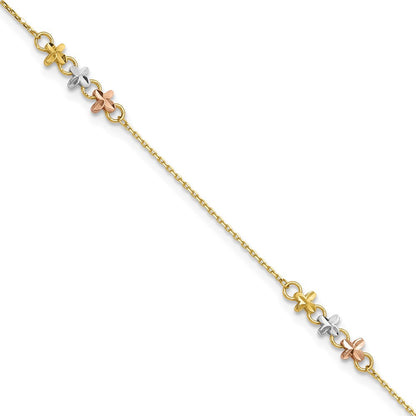 14K Bicolor mit Weiß Rhod Blumen 9 Zoll Plus 1 Zoll Verlängerung Fußkettchen