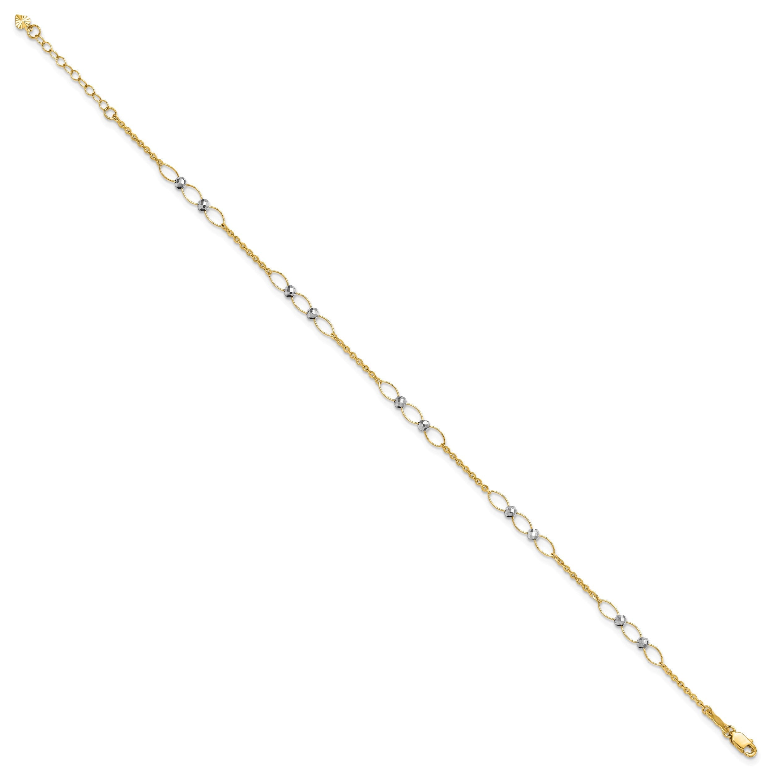 14K Bicolor Gold Bicolor Oval Knöpfe und Mirror Perlen Plus Verlängerung Total Kette Fußkettchen