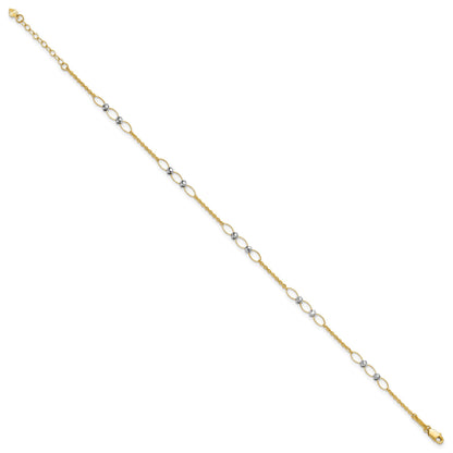 14K Bicolor Gold Bicolor Oval Knöpfe und Mirror Perlen Plus Verlängerung Total Kette Fußkettchen