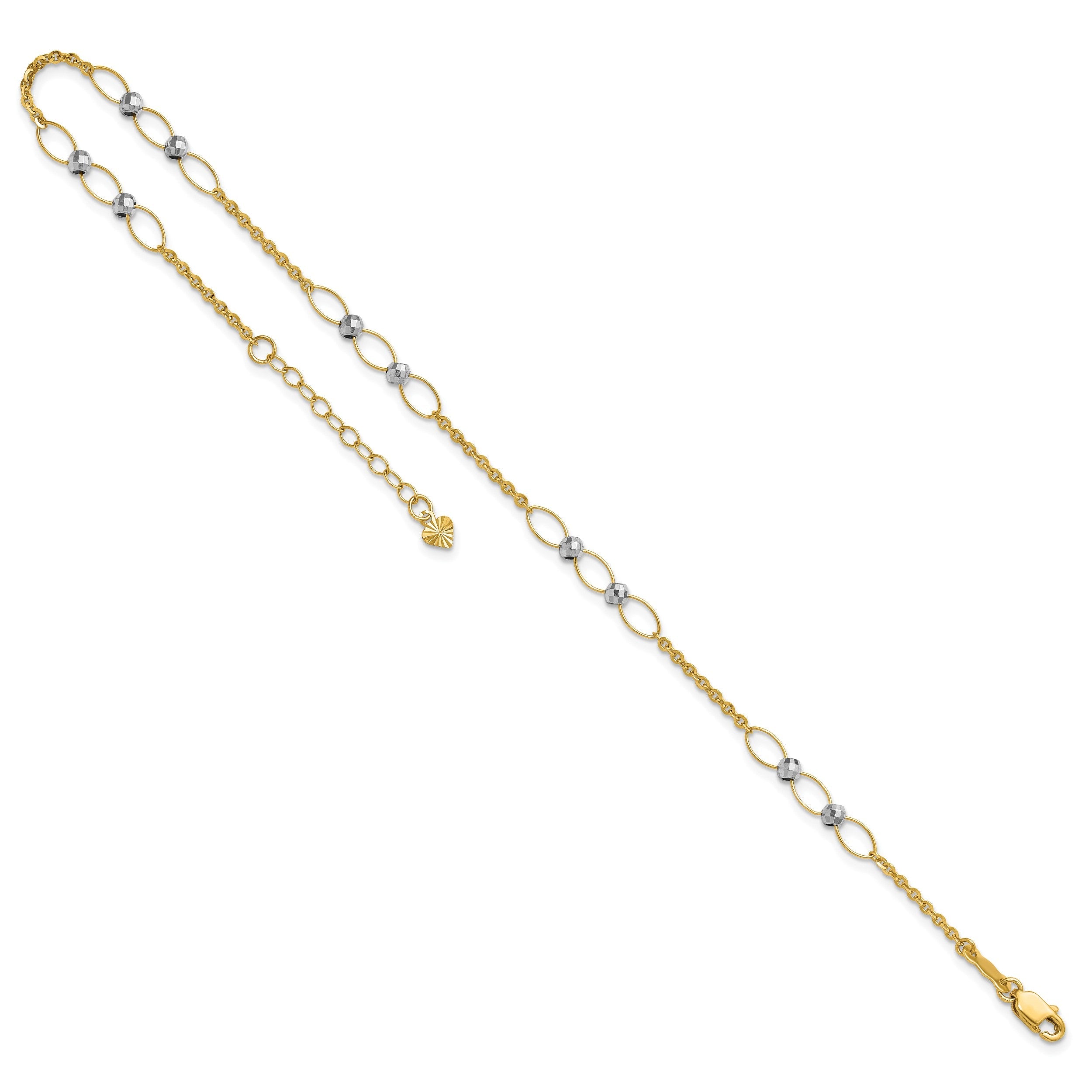 14K Bicolor Gold Bicolor Oval Knöpfe und Mirror Perlen Plus Verlängerung Total Kette Fußkettchen