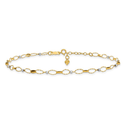 14K Bicolor Poliert Fantasie Offen Glieder Plus Verlängerung. Kette Fußkettchen