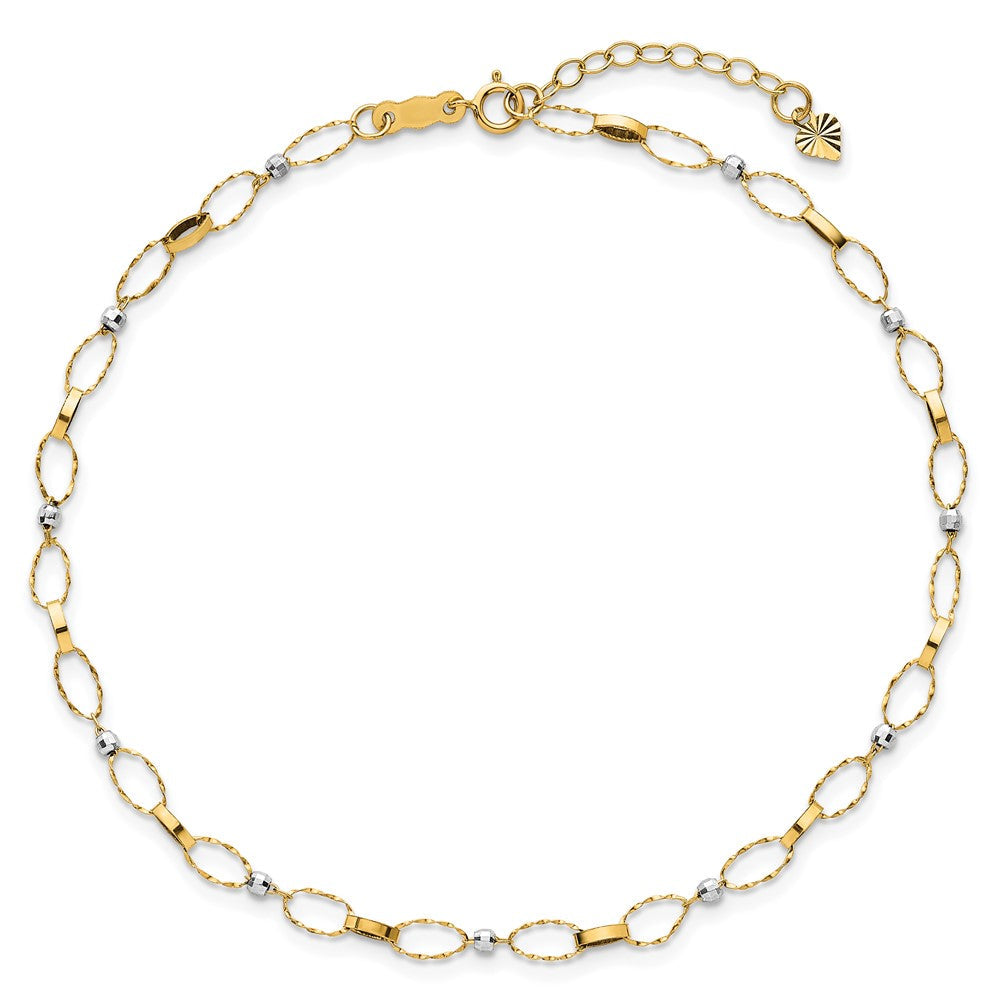 14K Bicolor Poliert Fantasie Offen Glieder Plus Verlängerung. Kette Fußkettchen
