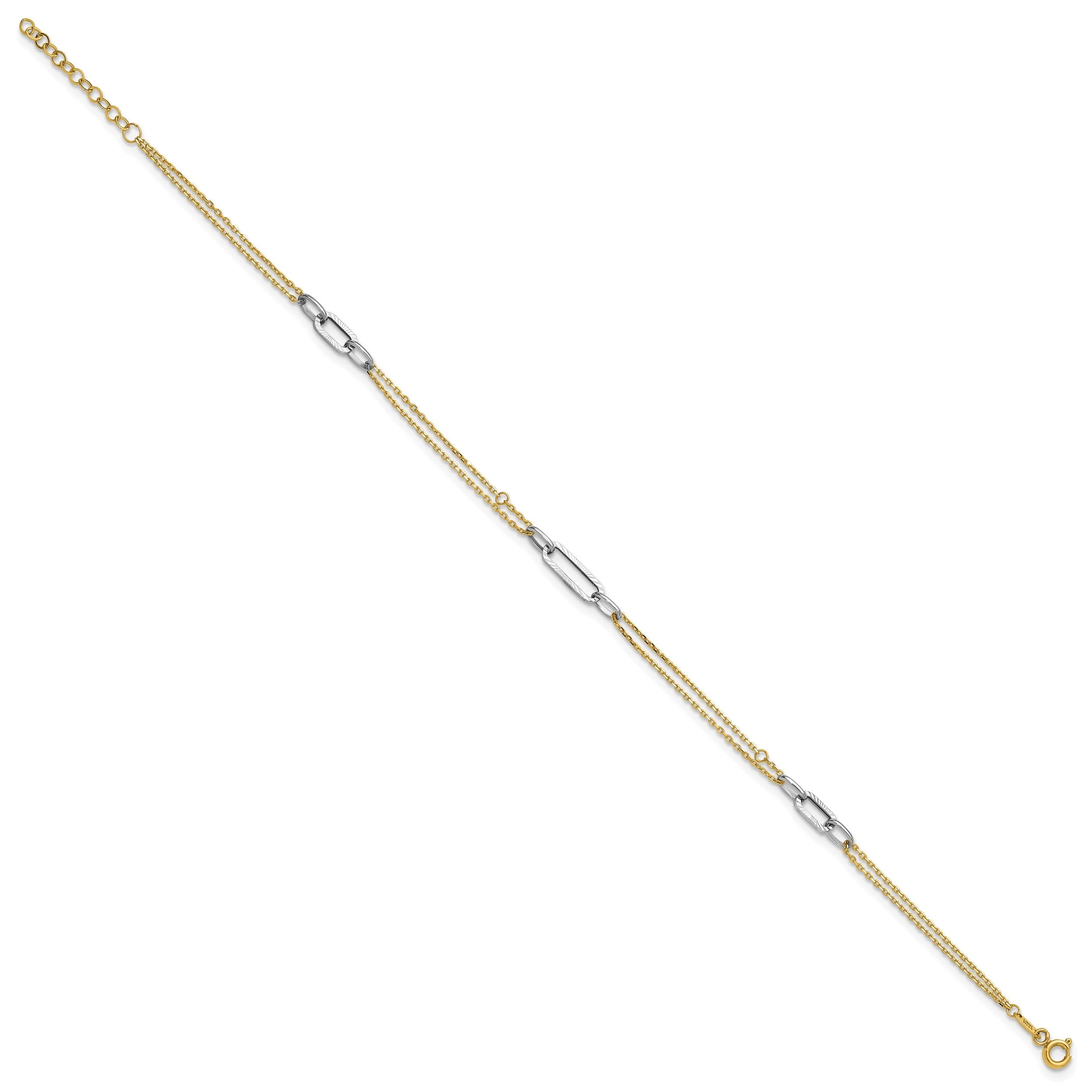 14K Bicolor Gold Bicolor Poliert Diamantiert 3-station Plus Verlängerung Total Kette Fußkettchen