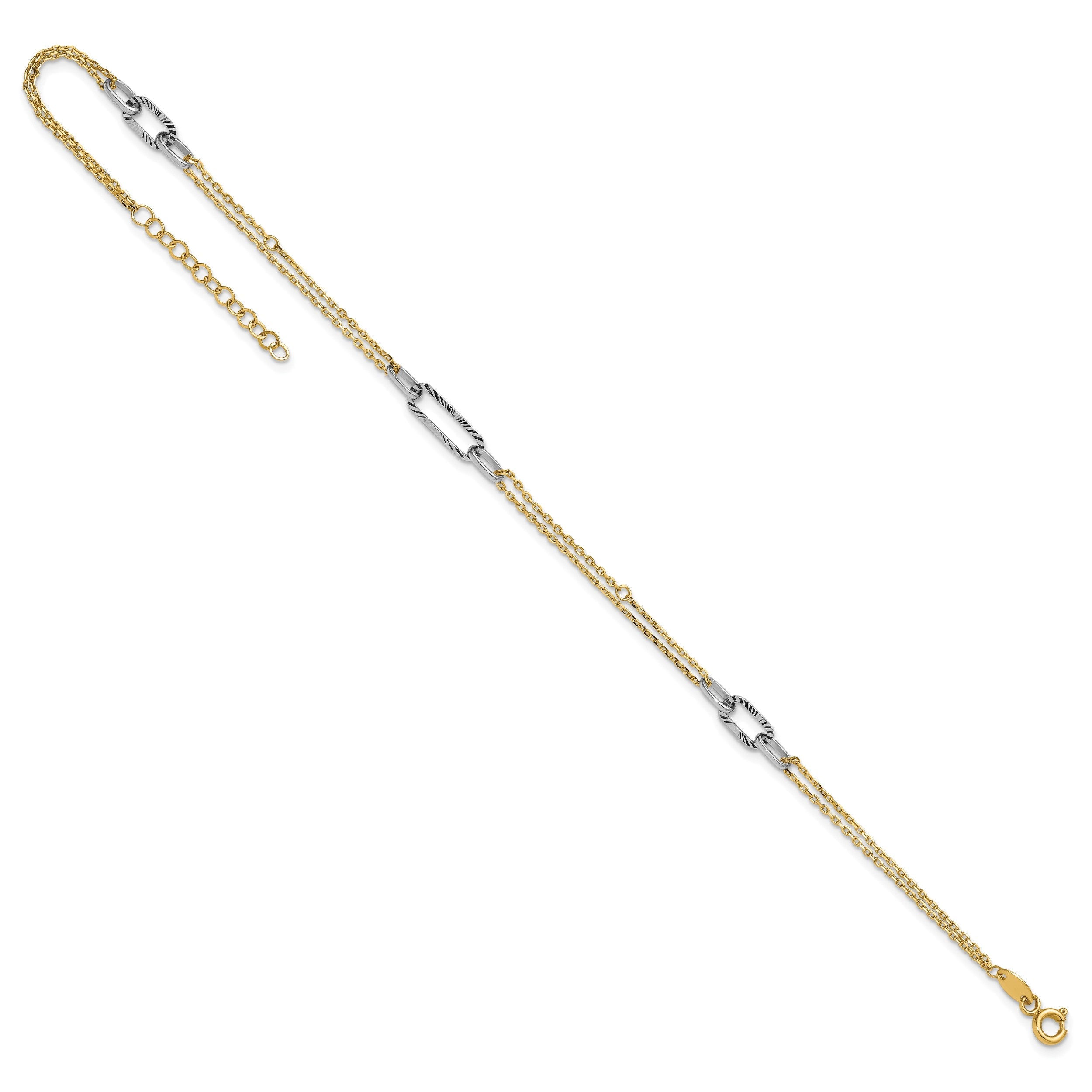 14K Bicolor Gold Bicolor Poliert Diamantiert 3-station Plus Verlängerung Total Kette Fußkettchen