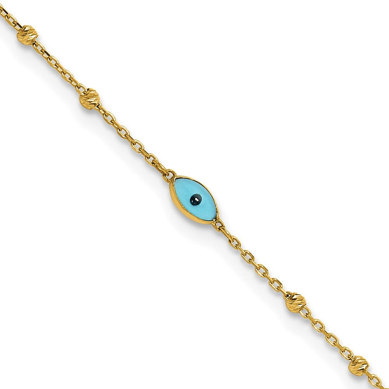 14K Gelbgold Diamantiert Stations Blau Glas Böse Auge 9 Zoll Plus 1 Zoll Verlängerung. Fußkettchen