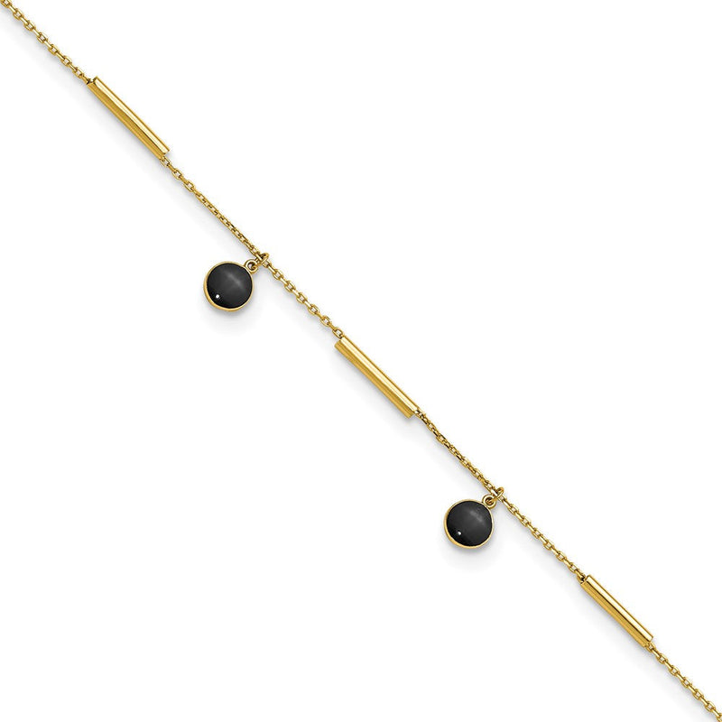 14K Gelbgold Poliert Onyx Dangles und Bars 9 Zoll Plus 1 Zoll Verlängerung Fußkettchen