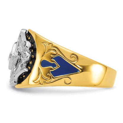 10K Bicolor Ibgoodman Herren Poliert und Strukturiert mit Blau Schwarz Emaille Diamant Lodge Master Freimaurer Ring