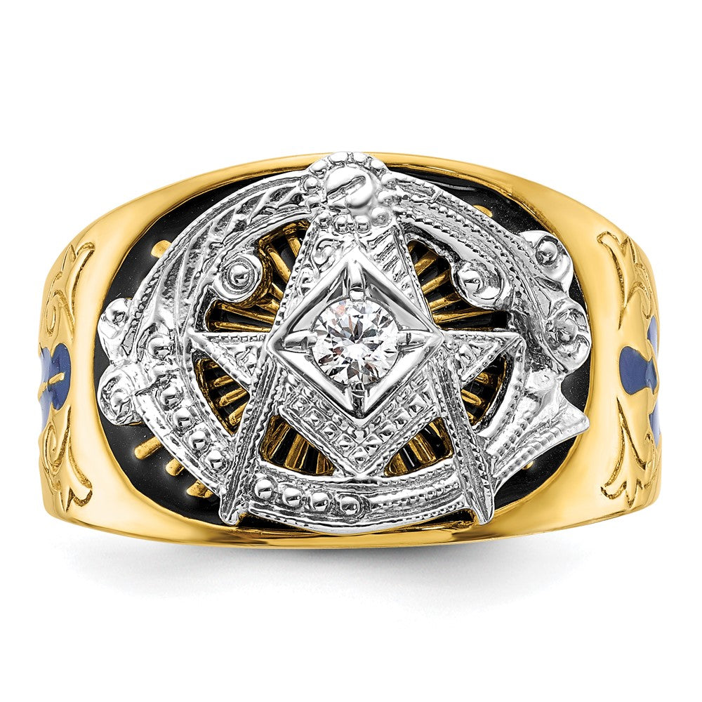 10K Bicolor Ibgoodman Herren Poliert und Strukturiert mit Blau Schwarz Emaille Diamant Lodge Master Freimaurer Ring