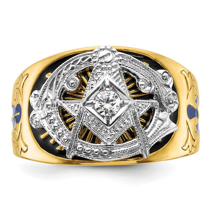 10K Bicolor Ibgoodman Herren Poliert und Strukturiert mit Blau Schwarz Emaille Diamant Lodge Master Freimaurer Ring
