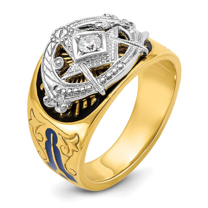10K Bicolor Ibgoodman Herren Poliert und Strukturiert mit Blau Schwarz Emaille Diamant Lodge Master Freimaurer Ring