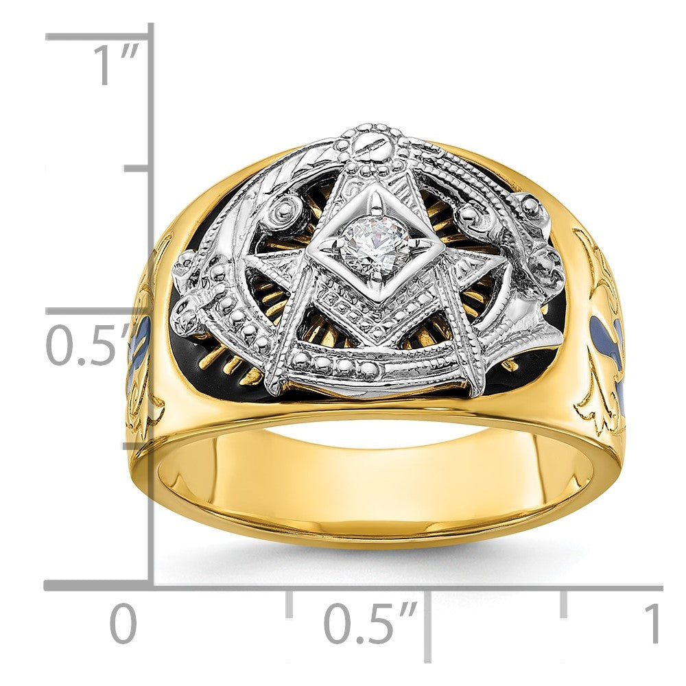 10K Bicolor Ibgoodman Herren Poliert und Strukturiert mit Blau Schwarz Emaille Diamant Lodge Master Freimaurer Ring