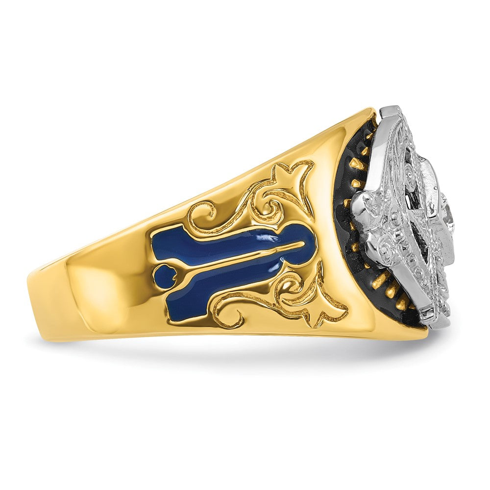10K Bicolor Ibgoodman Herren Poliert und Strukturiert mit Blau Schwarz Emaille Diamant Lodge Master Freimaurer Ring