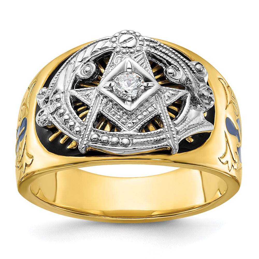 10K Bicolor Ibgoodman Herren Poliert und Strukturiert mit Blau Schwarz Emaille Diamant Lodge Master Freimaurer Ring
