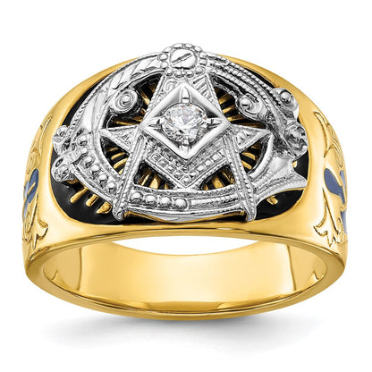 10K Bicolor Ibgoodman Herren Poliert und Strukturiert mit Blau Schwarz Emaille Diamant Lodge Master Freimaurer Ring