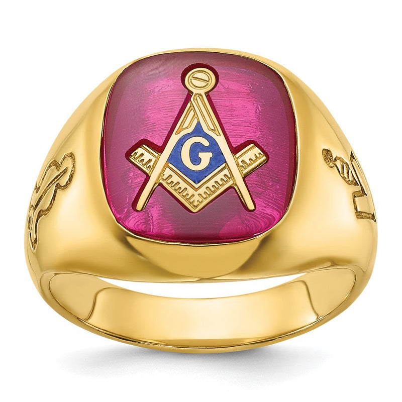 Ibgoodman 14K Herren Poliert und Gerillt mit Im Labor Erzeugt Rubin Blau Lodge Master Freimaurer Ring