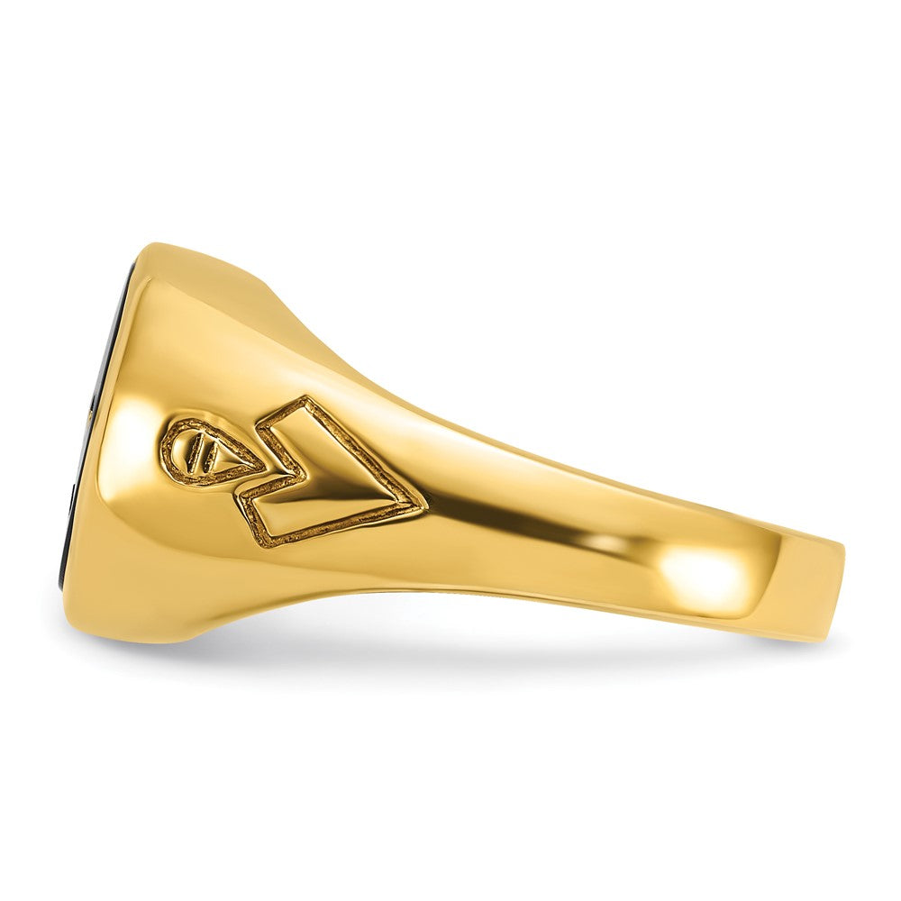 14K Gelbgold Herrenring, poliert und geriffelt, mit ovalem Onyx, blaue Freimaurerloge Meister-Ring